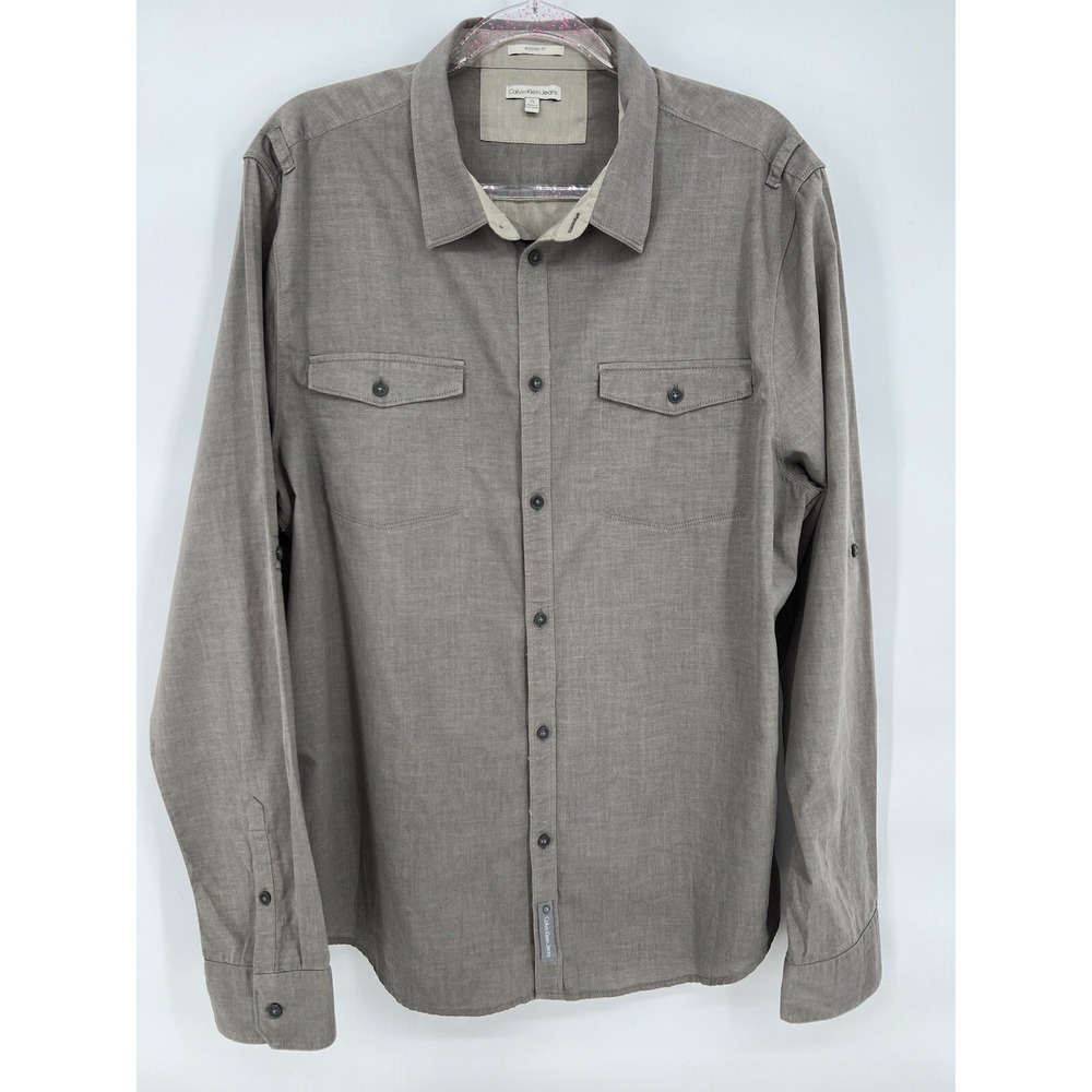 Calvin Klein Jeans Mens Sz XL Gray Modern Fit Long Sleeve Shirt 2 Button Pockets